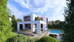 Eine moderne Flachdachvilla mit einem Mix aus Fassadenelementen, einem Baumatrium, Aussentreppe zum Kellergeschoss, Garten und Pool von AL Architekt ZT GmbH.