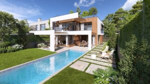 Ein modernes Haus mit Flachdach und Atrium, einem Fassadenmix aus Beton und Holz, Garten, Pool sowie einer Lamellenüberdachung im Erdgeschoss und im 1. Stock und einer Wendeltreppe zur Dachterrasse von AL Architekt ZT GmbH.