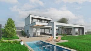 Eine moderne Flachdachvilla mit Baumatrium, mehreren Etagen, Aussentreppe zum Kellergeschoss, Garten und Pool von AL Architekt ZT GmbH.