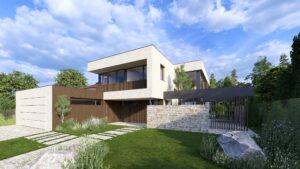 Ein modernes Haus mit Flachdach und markantem Fassadenmix aus Beton und dunklem Holz, großzügiger Garage und einer Steinmauer mit passendem Terrassenboden im Gartenbereich von AL Architekt ZT GmbH.