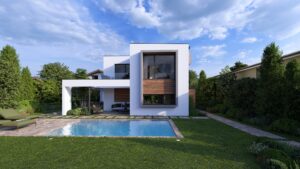 Ein modernes Haus mit Flachdach, überdachter Terrasse, Balkon mit Glasgeländer und einem Fassadenmix aus grauem Stein, Beton und Holz, umgeben von einem großzügigen Garten mit Pool von AL Architekt ZT GmbH.