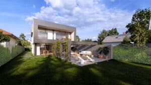 Ein modernes Haus mit Flachdach und markanter Fassadenverkleidung, Garten, Terrasse und Pergola mit Efeu von AL Architekt ZT GmbH.
