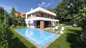 Ein modernes weisses Haus mit Flachdach, Garten, Pool, überdachter Terrasse und braunen Säulen und passenden aussenliegenden Sonnenschutzpaneelen von AL Architekt ZT GmbH.