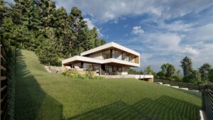 Ein modernes, verschachteltes hanggebautes Haus mit Flachdach und integrierter Garage von AL Architekt ZT GmbH.