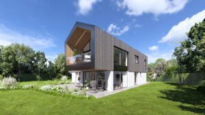 Ein modernes Haus mit Satteldach, einem markantem Fassadenmix aus dunklem Holz und Putz sowie großzügigen Glasflächen, einer überdachten Terrasse und einem Balkon mit Glasgeländer von AL Architekt ZT GmbH.