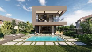 Ein modernes Haus mit Flachdach, großzügiger Terrasse und Balkon mit Lamellendach, Garten und Pool von AL Architekt ZT GmbH.