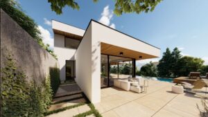 Ein modernes Haus mit Flachdach, überdachter und gefliester Terrasse, Pool und Holzsteg von AL Architekt ZT GmbH.