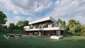 Ein modernes Haus mit Flachdach, überdachter Terrasse, markanten Fassadenelementen aus Holz, großzügigem Garten und Pool von AL Architekt ZT GmbH.