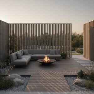Eleganter Sichtschutz von ALURE Outdoorliving vor einer Terrasse mit Outdoor-Sitzecke und einer Feuerstelle.