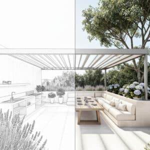 ALURE Outdoorliving zeigt eine Visualisierung einer Terrasse mit Outdoor-Sitzecke und Outdoorküche mit einer Pergola aus Aluminium.