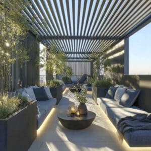 ALURE Outdoorliving zeigt eine Terrasse mit Outdoormöbel mit einer schattenspendenden Pergola aus Aluminium.