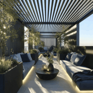 ALURE Outdoorliving zeigt eine Terrasse mit Outdoormöbel mit einer schattenspendenden Pergola aus Aluminium.