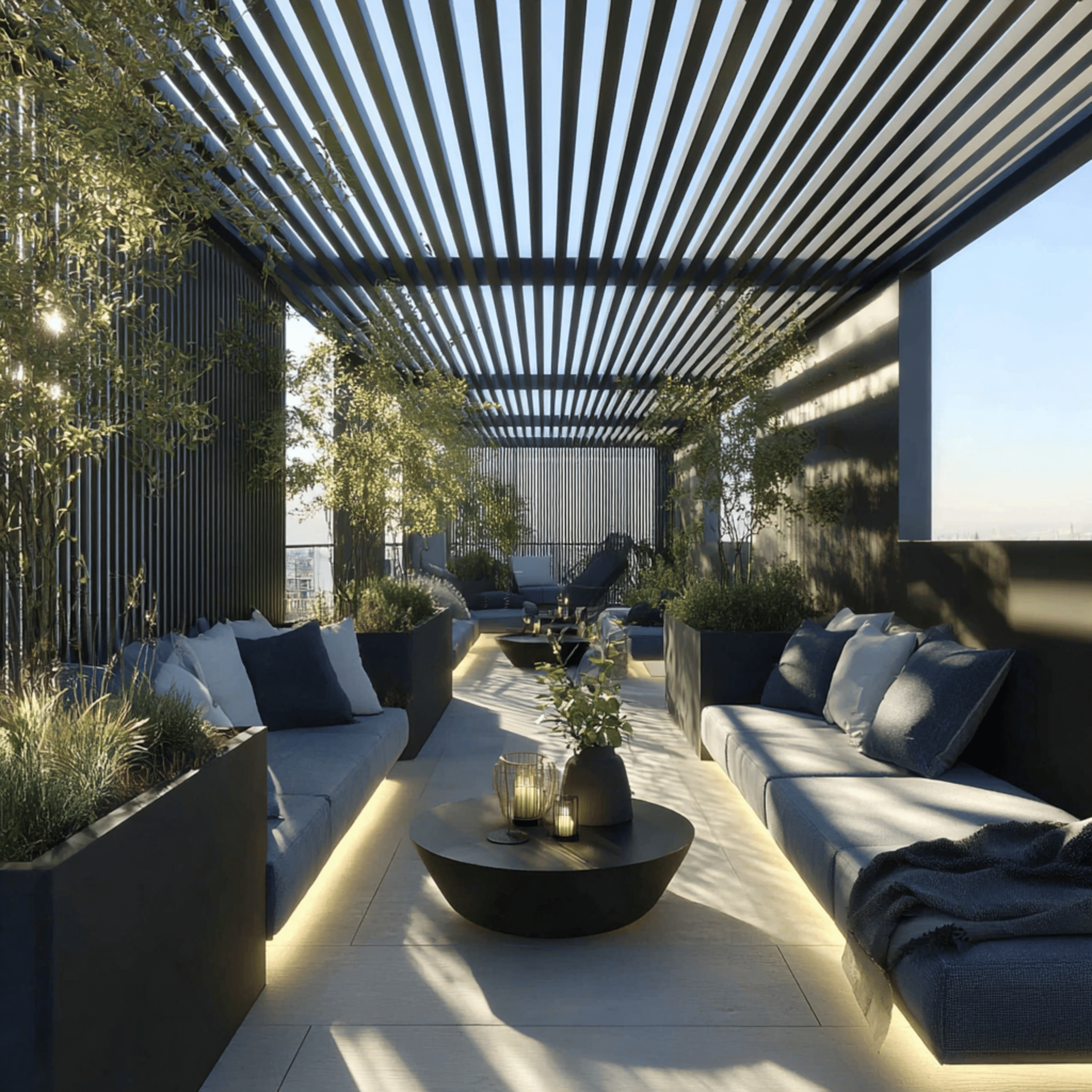 ALURE Outdoorliving zeigt eine Terrasse mit Outdoormöbel mit einer schattenspendenden Pergola aus Aluminium.
