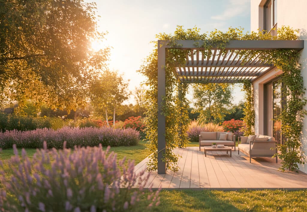 ALURE Outdoorliving zeigt eine Terrasse mit Outdoormöbel mit einer Pergola aus Aluminium, die mit schattenspendenden Pflanzen bewachsen ist.