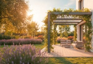 ALURE Outdoorliving zeigt eine Terrasse mit Outdoormöbel mit einer Pergola aus Aluminium, die mit schattenspendenden Pflanzen bewachsen ist.