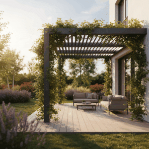 ALURE Outdoorliving zeigt eine Terrasse mit Outdoormöbel mit einer Pergola aus Aluminium, die mit schattenspendenden Pflanzen bewachsen ist.