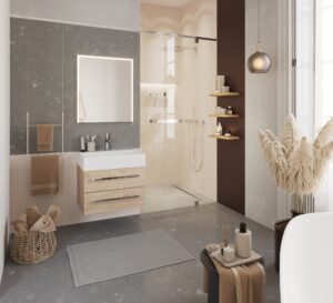 Kompaktes Badezimmer mit moderner Walk-in-Dusche mit Glastür und platzsparender Gestaltung von ELEMENTS gezeigt von Salzburger Bad & Wohnraum.