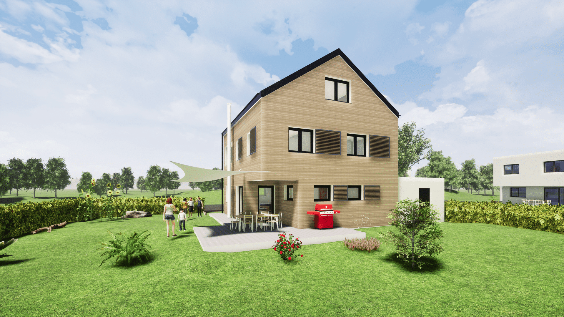 Darstellung eines mehrstöckigen Neubaus mittels 3-dimensionalem Hausplan in Farbe von BAU-CAD CONSULTING.