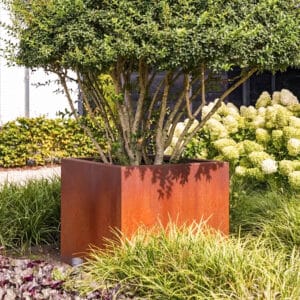 Garten mit XXL-Pflanzkübel aus Cortenstahl im Rostlook von Blumentrog-Flexi.