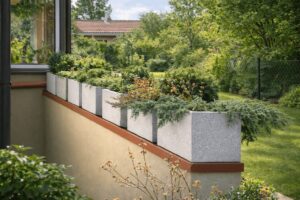 Eine Gartenmauer mit einer Galerie von modernen, rechteckigen grauen Blumentöpfen von Blumentrog-Flexi.