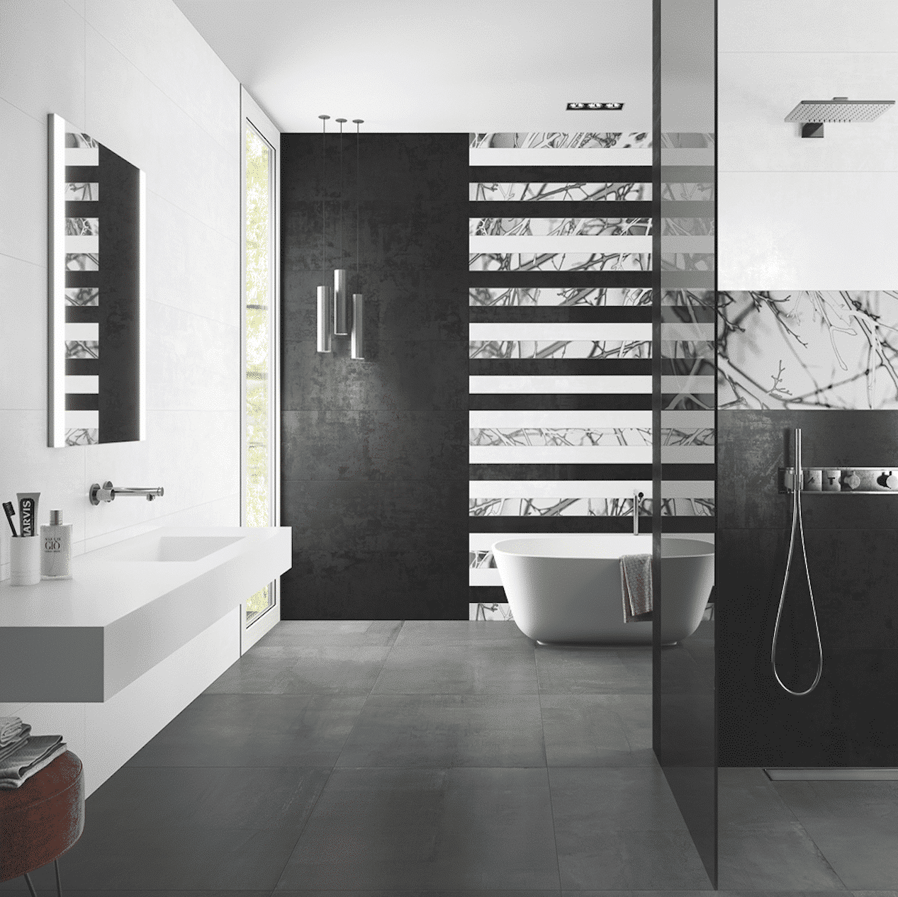 C. Bergmann zeigt ein Badezimmer mit weißen und schwarzen XXL-Fliesen an Wand und Boden von Engers mit Badewanne, Waschtisch und Dusche.