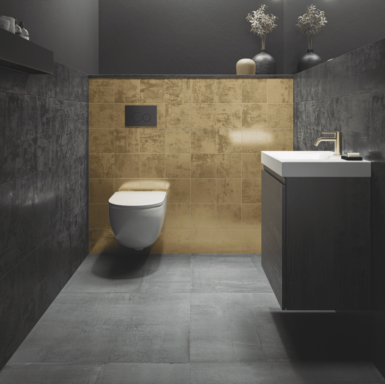 C. Bergmann zeigt eine Toilette mit grauen, goldenen und schwarzen kleineren Fliesen an Wand und Boden von Engers.