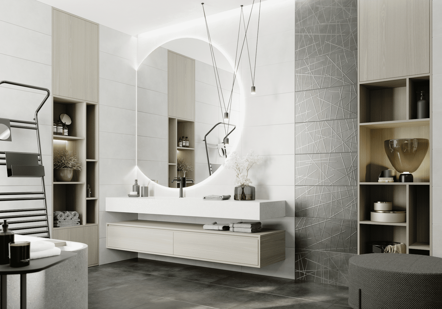 C. Bergmann zeigt ein Badezimmer mit gemusterten XXL-Fliesen in grau und weiß von Lasselsberger, eine Badewanne und Einbauregal.