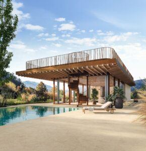 C.Bergmann zeigt ein großes Poolhaus mit Dachterrasse und beige melierten XL Bodenfliesen im Innen- und Außenbereich von Atlas Concorde.