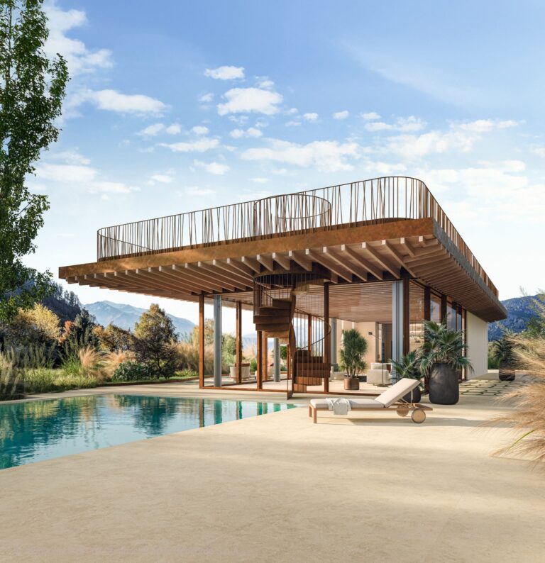 C.Bergmann zeigt ein großes Poolhaus mit Dachterrasse und beige melierten XL Bodenfliesen im Innen- und Außenbereich von Atlas Concorde.