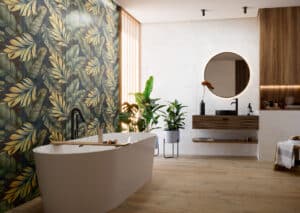 C.Bergmann zeigt ein behagliches Badezimmer mit Blattmuster Wandfliesen und Bodenfliesen in Holzoptik von Grespania.