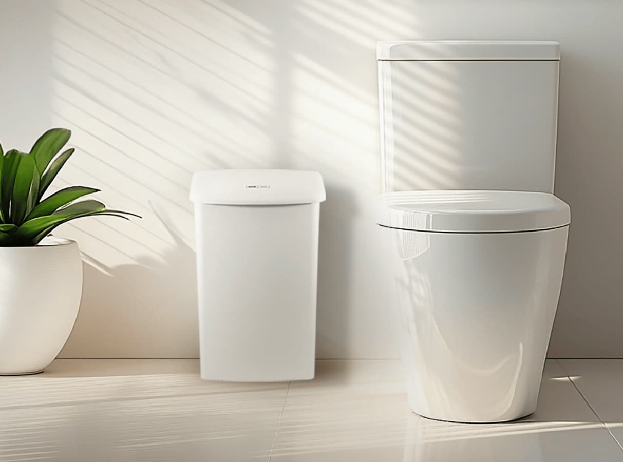 Hygienebehälter von CWS neben einer Toilette.