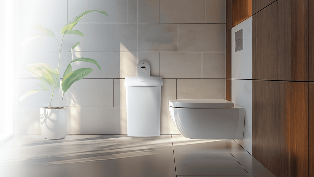 Hygienebehälter mit Touch-Sensor von CWS neben einer Toilette.