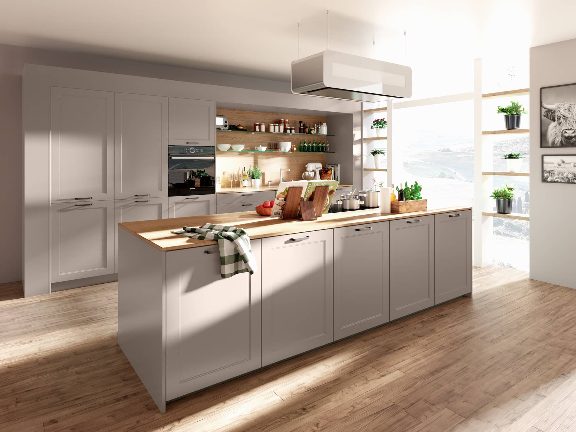 Landhausküche „Lion Classic“ mit Kassettentüren in Beige, Taupe oder Kaschmir, antiksilbernen Griffen, Holzarbeitsplatte, eingekoffert verbauter Rückwand und Kücheninsel von DANKÜCHEN.