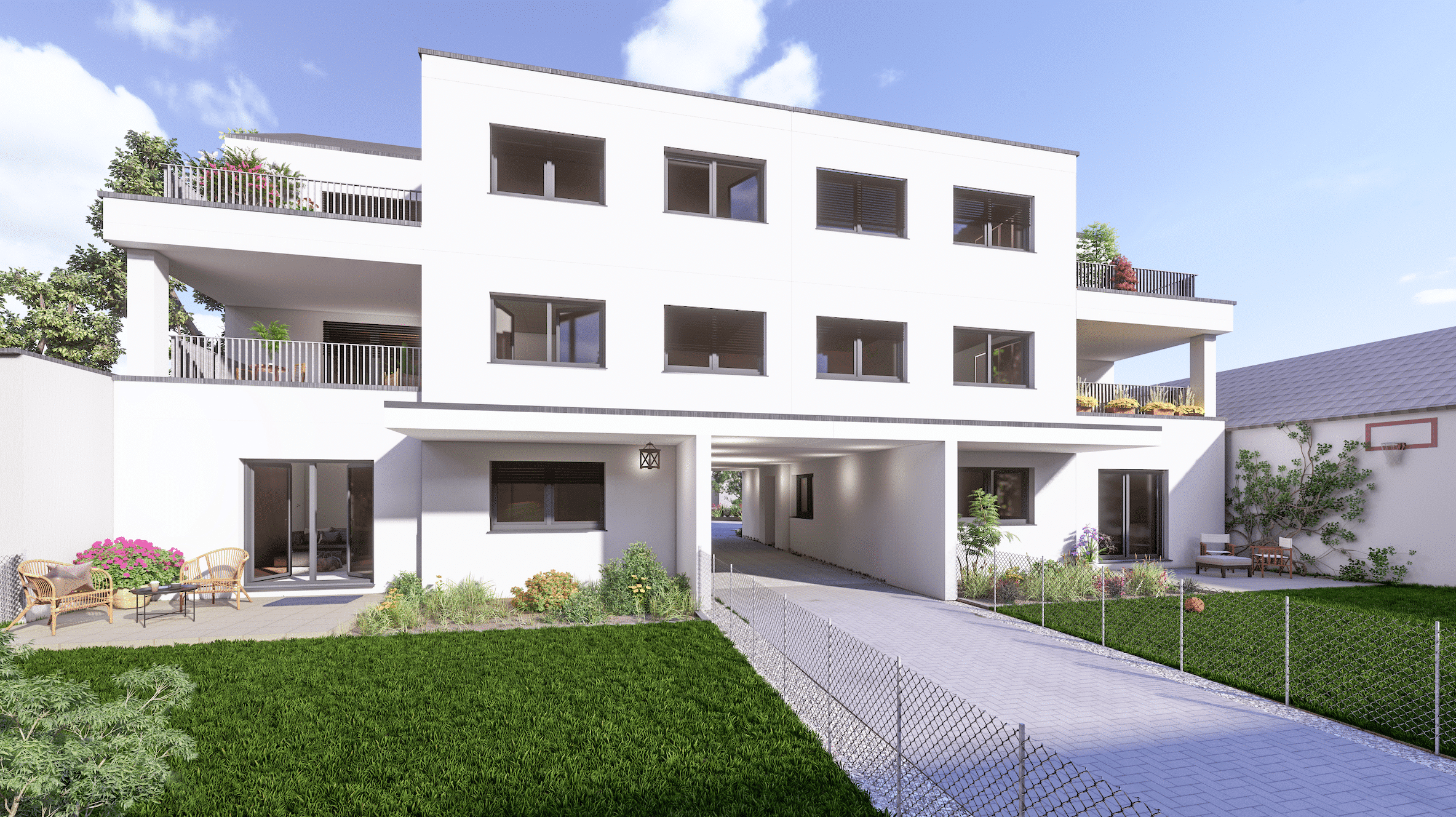 Wohnhaus mit Flachdach, Balkon, Terrassen und Durchfahrt von DIALOG Haus.