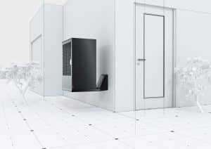 Dimplex zeigt Visualisierung einer Wärmepumpen Außeneinheit, die an einer Hauswand montiert ist.