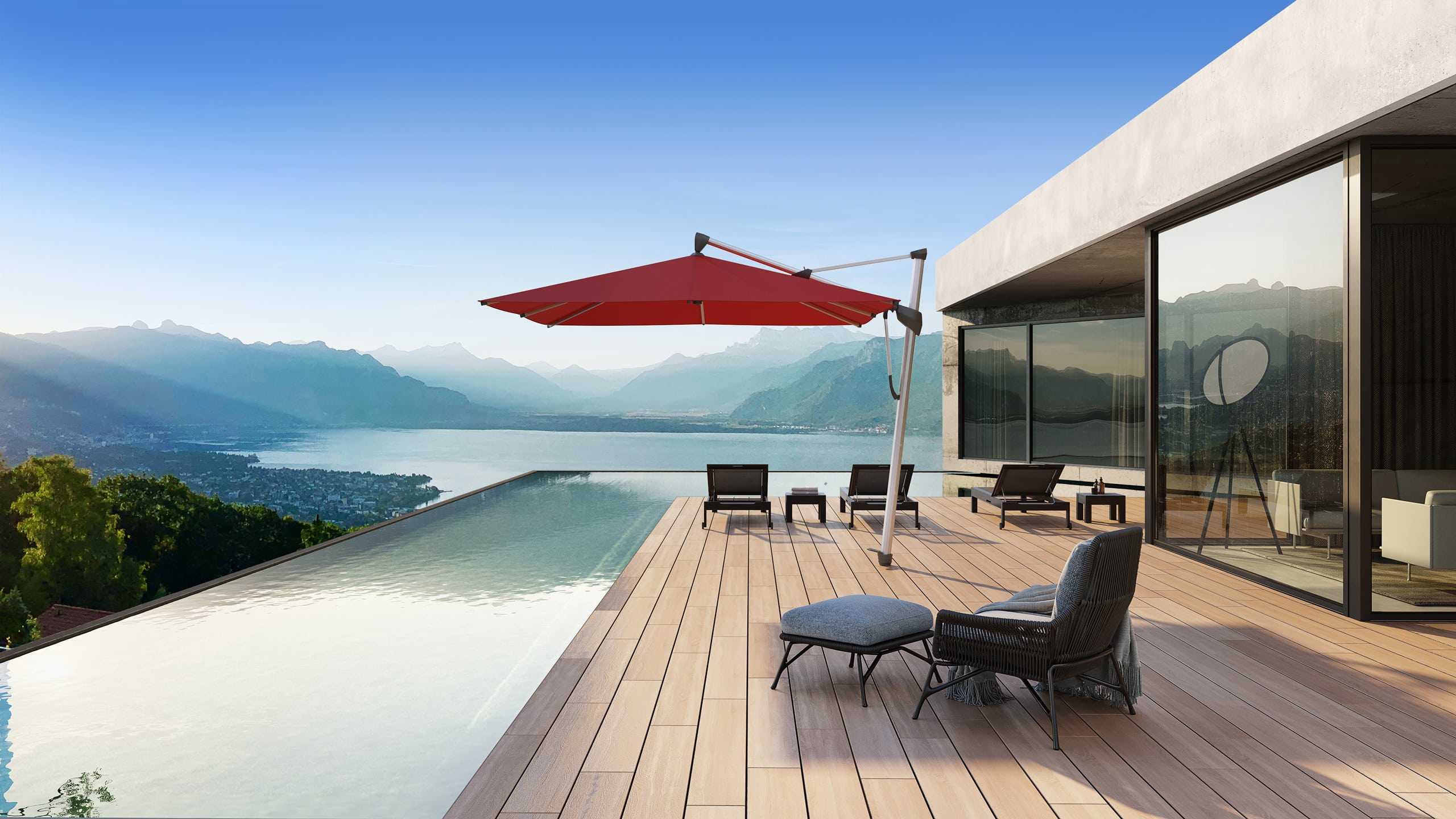 DolenzGollner Sonnenschutztechnik Ing. Wagner GmbH zeigt einen Infinitypool neben einer Holzterrasse mit einem Sonnenschirm "Sombrano S" von Glatz.