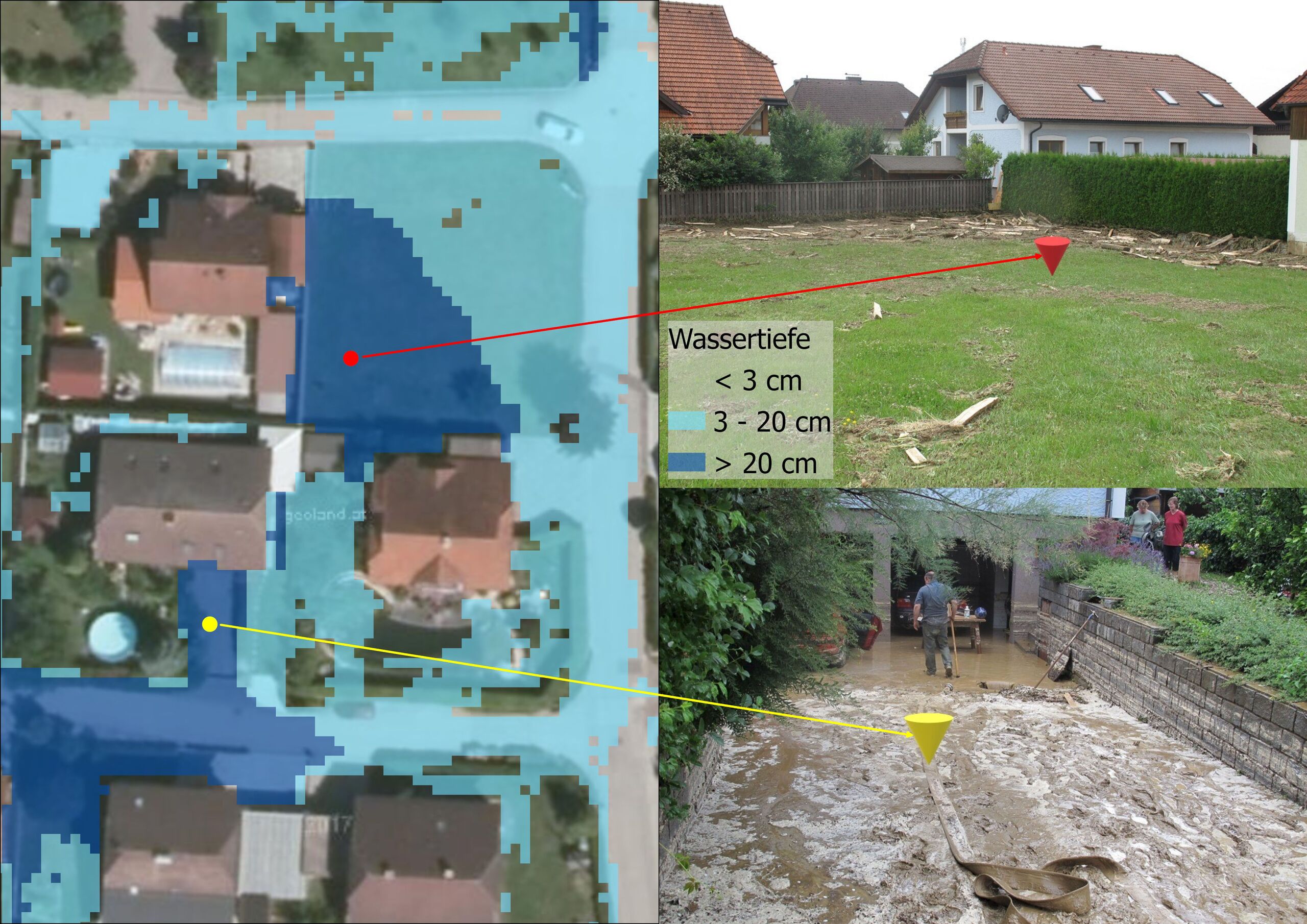 Simulation von Hangwasser und möglichen Überflutungen zur Veranschaulichung von Schutzmaßnahmen bereitgestellt von EPZ – Elementarschaden Präventionszentrum.