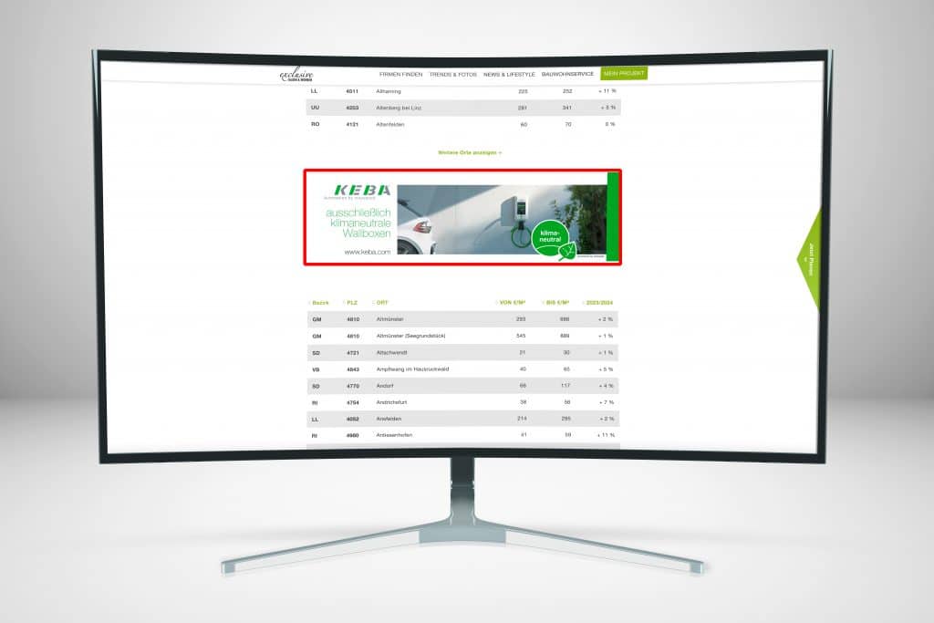 Website www.exclusive-bauen-wohnen.at mit der Werbeplatzierung Wide pro InstAll (rot markiert).