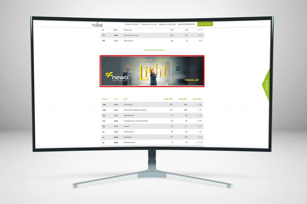 Website www.exclusive-bauen-wohnen.at mit der Werbeplatzierung Wide pro ArchiTec (rot markiert).