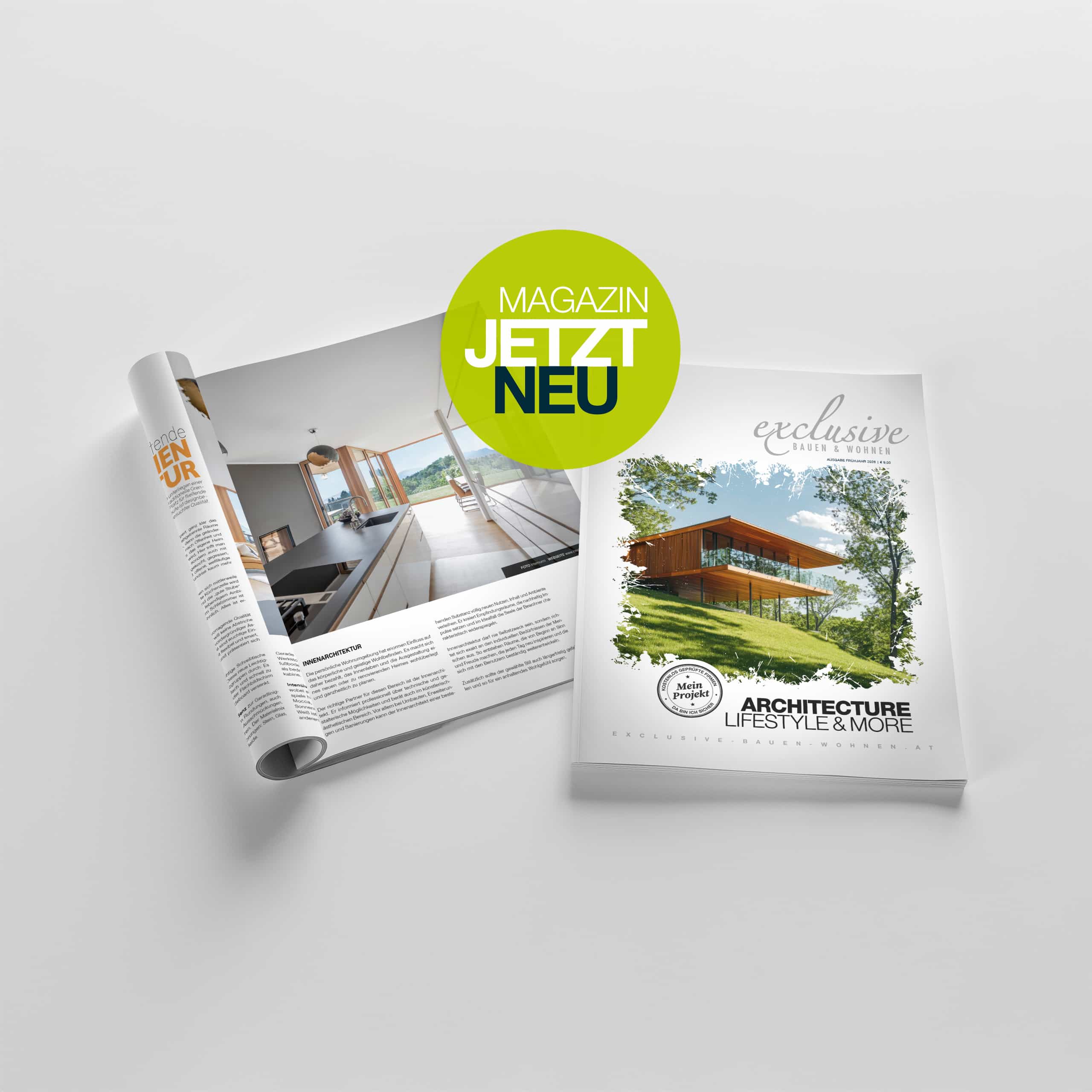 Magazin exclusive Bauen & Wohnen - Ausgabe 01/2026 - Ansicht Titelseite + Beispiel rechter Innenseite