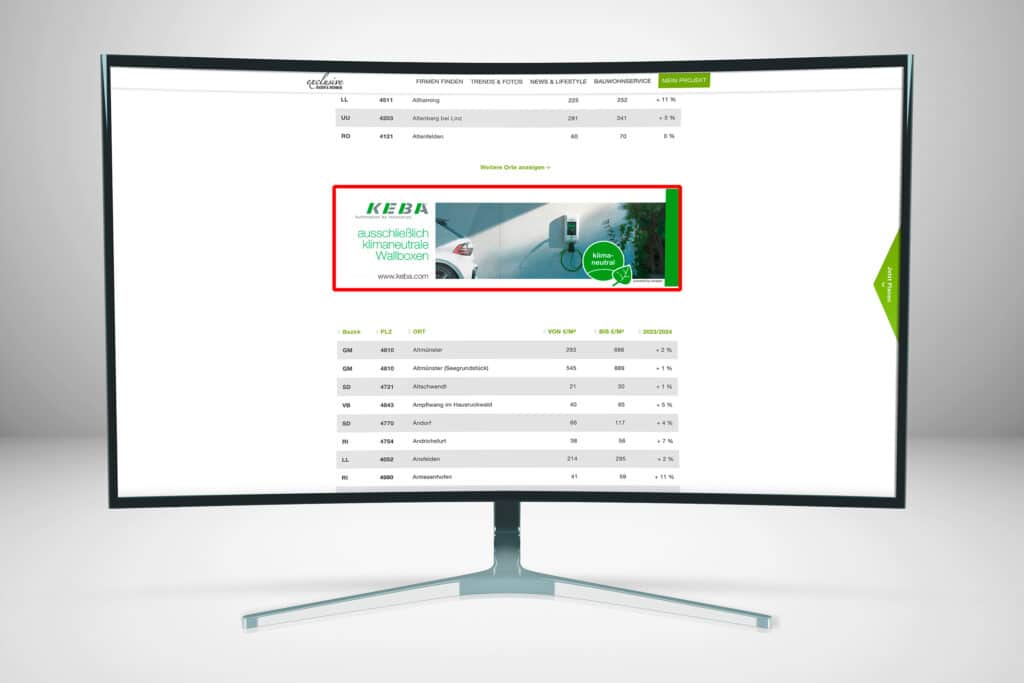 Website www.exclusive-bauen-wohnen.at mit der Werbeplatzierung Wide pro InstAll (rot markiert).