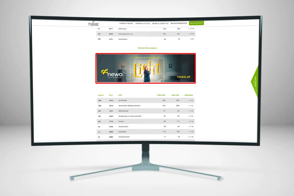 Website www.exclusive-bauen-wohnen.at mit der Werbeplatzierung Wide pro ArchiTec (rot markiert).