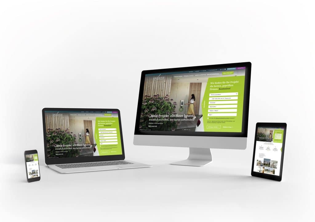 Darstellung Webseite auf unterschiedlichen mobilen Endgeräten, wie Smartphone, Laptop, Desktop-Rechner und Tablet.