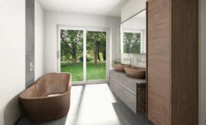 Freistehende runde Badewanne aus Walnuss und ein schwebender Waschtisch in grauer Betonoptik mit zwei runden aufgesetzten Massivholz-Waschschüsseln ebenfalls aus Walnuss von FESTWOOD.