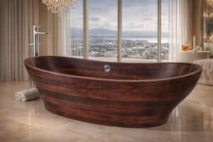 Festwood zeigt eine freistehende Badewanne aus dunklen Holz und Chrom Armatur in einem edlen Badezimmer mit hellen Mamorfliesen.