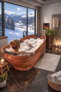 Festwood zeigt eine mit Wasser gefüllte freistehende Badewanne aus hellem Holz mit Kopflehnen vor einem großen Fenster.