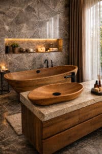 Festwood zeigt ein freistehendes Waschbecken und eine freistehende Badewanne aus hellem Holz und schwarzen Armaturen in einem edlen Badezimmer.
