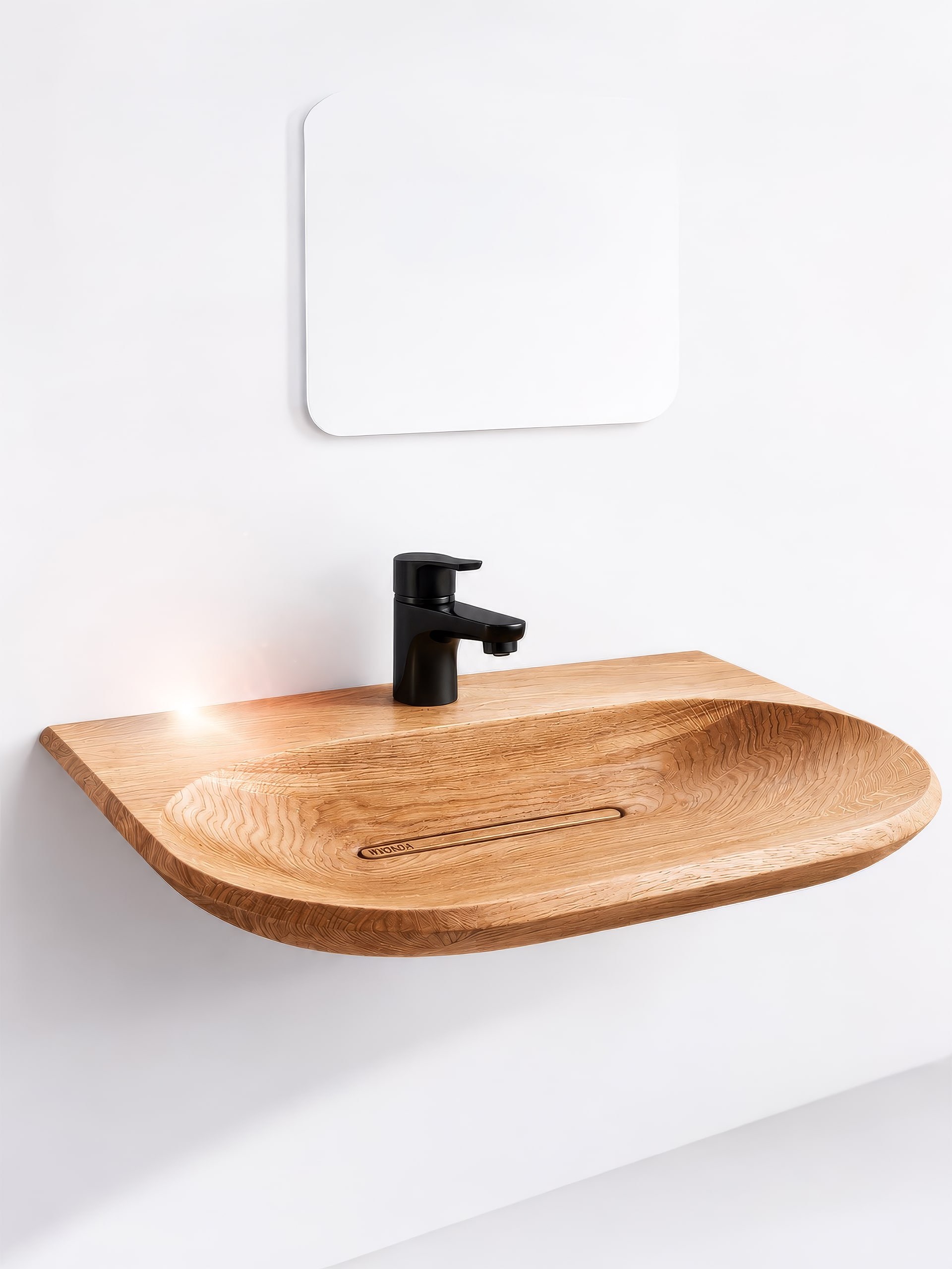 Festwood zeigt ein Waschbecken aus hellem Holz mit länglichem Wasserablauf aus Holz und schwarzer Armatur an der Wand montiert.