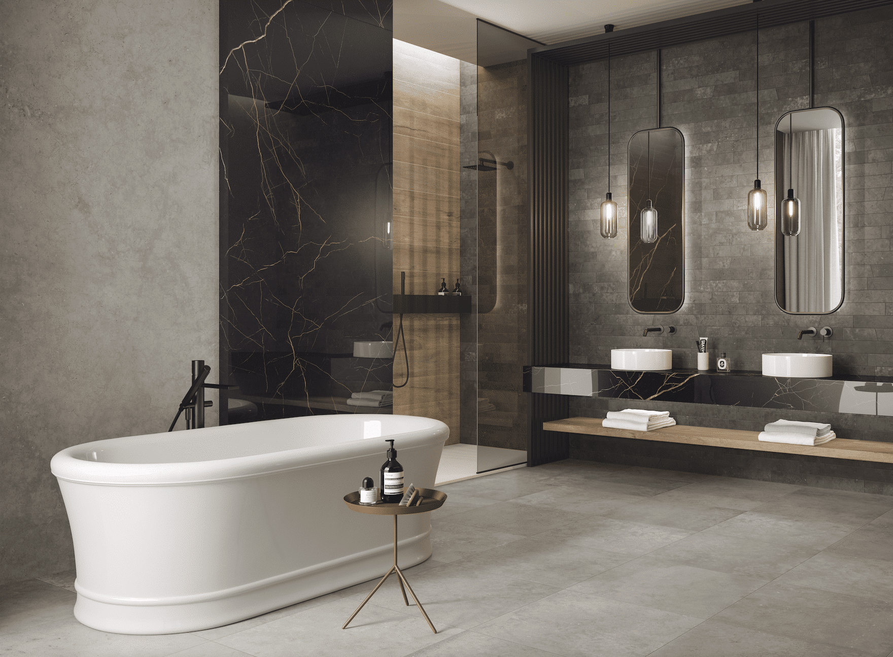 Edles Bad mit Wanne, Dusche und zwei Waschbecken mit beige marmorierten Bodenfliesen und grossflächigen Marmor-Wandplatten von Fliesendorf.
