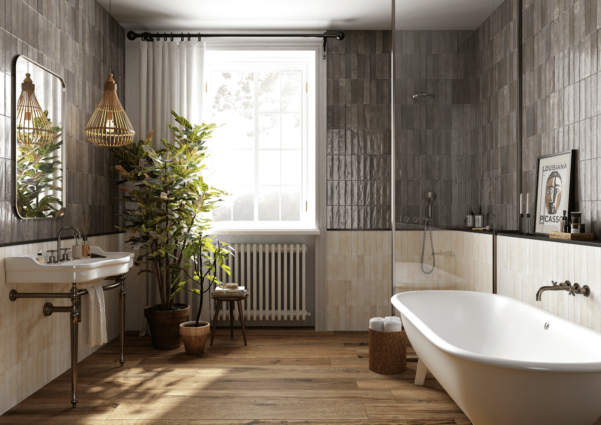 Fliesendorf zeigt ein Badezimmer mit Holzboden, einer weissen Badewanne, grauen und beigen Fliesen an der Wand, einer Glaswand bei der Dusche und einem großen Fenster.